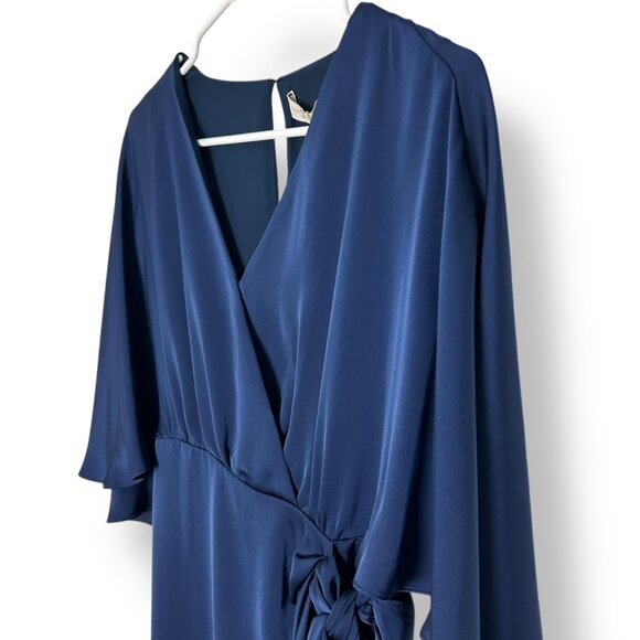 NWT Ramy Brook Navy Satin Faux Wrap Short Dress Flutter Sleeves Tie V-Neck Sz 2 - Picture 2 of 6